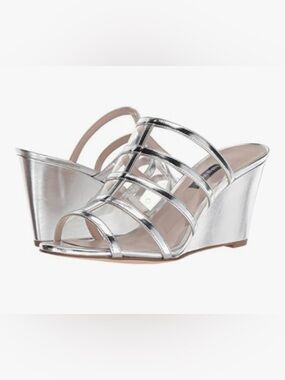 Nine West Silver Metallic Strappy Wedge Mules